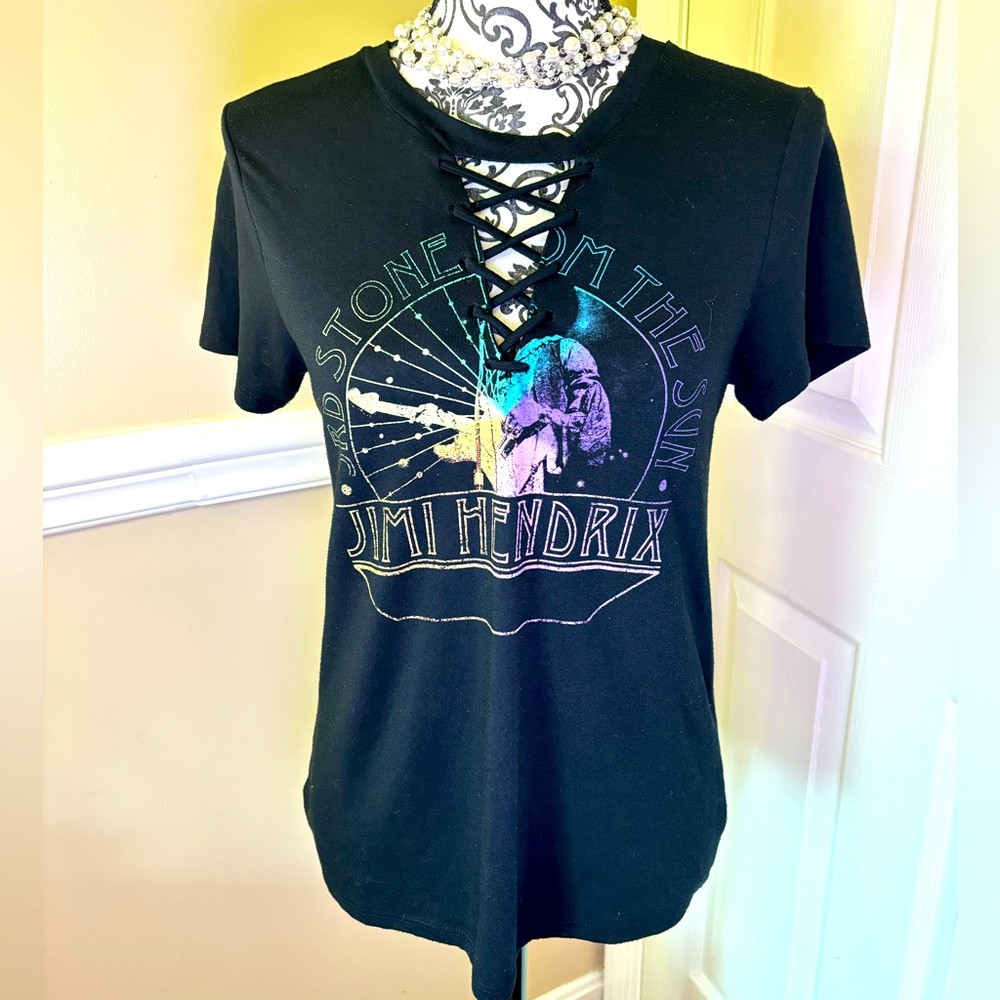 Jimi Hendrix Women's, Short Sleeve Lace-Up Neck Graphic T-Shirt, size Small